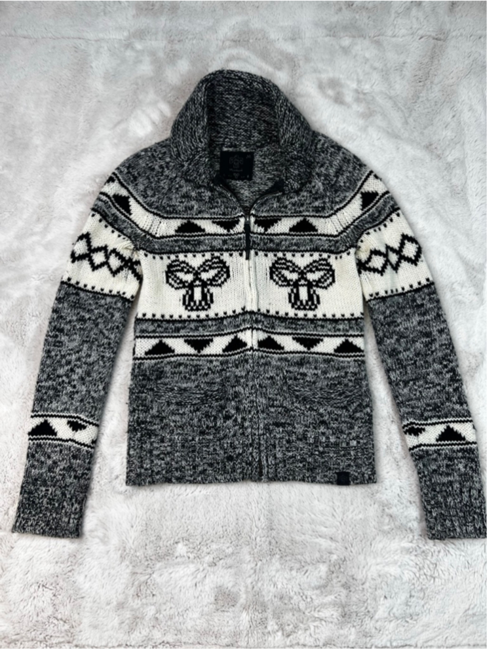 TNA Black White Lambswool Fair Isle Full Zip Cardigan Size Medium Knit Sweater
